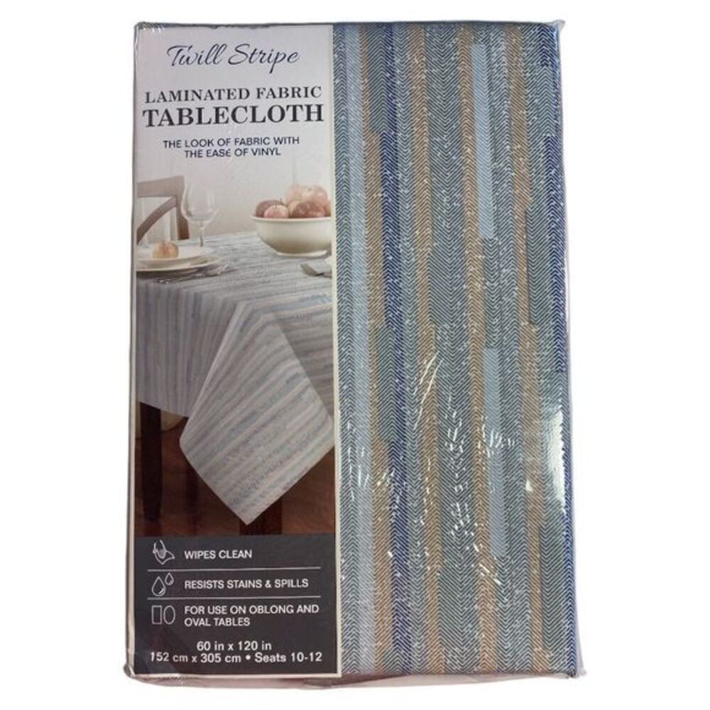 Twill Striped Laminated Fabric Dinner Table Tablecloth 60" x 120" Blue Tan NEW!